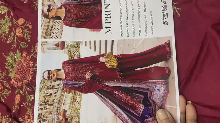 Maria B Mprint Red Twill Linen Suit | Embroidered Winter Suit with Wool Shawl