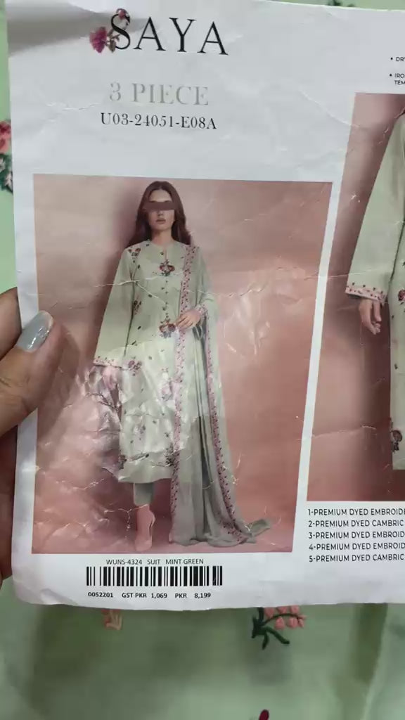 SAYA- Unstitched Printed Embroidered Cambric 3 Piece with Chiffon Dupatta