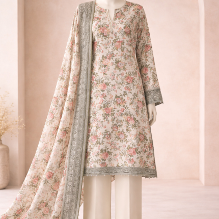 Cream Floral Unstitched 3-Piece Cotton Suit with Printed Dupatta